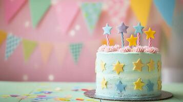 Colorful birthday cake with stars at a festive celebration backdrop photo
