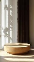 Natural light creates beautiful shadows on a wooden surface in a modern interior setting photo
