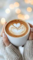 Warm drink with heart latte art held in cozy hands in a softly lit background during winter photo