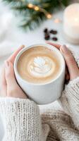Warm drink with heart latte art held in cozy hands in a softly lit background during winter photo