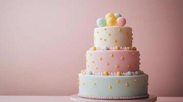 Delicious three tiered cake decorated with colorful frosting and balloons for a celebration photo
