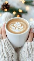 Warm drink with heart latte art held in cozy hands in a softly lit background during winter photo