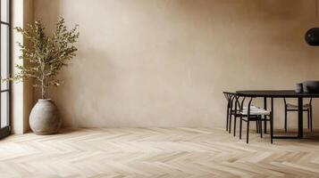 Modern dining area with wooden herringbone floor and elegant decor in bright room photo