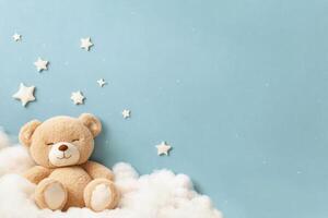 Cute bear sitting on soft clouds with starry background during calm night photo