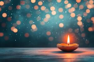 Candlelight glowing softly in darkness creating a serene atmosphere with shimmering bokeh lights photo