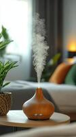 Relaxing indoor atmosphere created by essential oil diffuser in a cozy living space photo