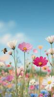 Colorful flowers attract bees in a serene garden during springtime in early morning light photo