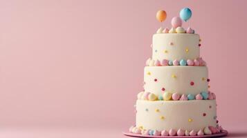 Delicious three tiered cake decorated with colorful frosting and balloons for a celebration photo