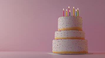 Colorful birthday cake with candles surrounded by sprinkles on a pink background photo
