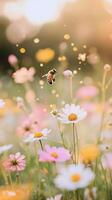 Colorful flowers attract bees in a serene garden during springtime in early morning light photo