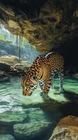 Jaguar drinks water in a lush cave environment during daylight hours photo