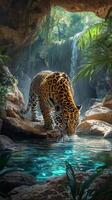 Jaguar drinks water in a lush cave environment during daylight hours photo