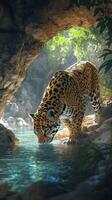 Jaguar drinks water in a lush cave environment during daylight hours photo