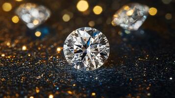 Sparkling diamond engagement ring on black surface with shiny background photo