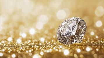 Sparkling diamond engagement ring on black surface with shiny background photo