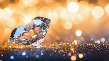 Sparkling diamond engagement ring on black surface with shiny background photo
