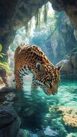 Jaguar drinks water in a lush cave environment during daylight hours photo
