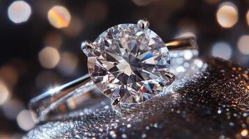 Sparkling diamond engagement ring on black surface with shiny background photo