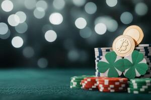 Betting with bitcoin and poker chips in a lively casino atmosphere photo