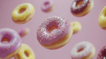 Colorful donuts floating against a pink background create a joyful and vibrant atmosphere photo