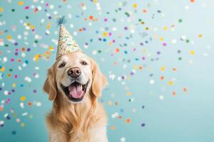 Happy dog in colorful party hat celebrating with confetti in a cheerful setting photo