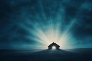 Stars illuminate a quiet hut under a vast night sky in a tranquil landscape photo