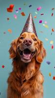 Golden retriever with a party hat celebrating with colorful confetti in the background photo