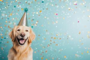 Happy dog in colorful party hat celebrating with confetti in a cheerful setting photo