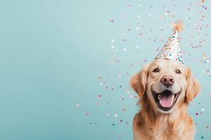 Happy dog in colorful party hat celebrating with confetti in a cheerful setting photo