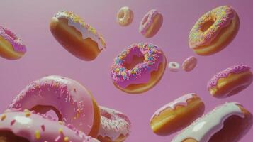 Colorful donuts floating against a pink background create a joyful and vibrant atmosphere photo