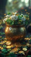 Golden coins and green clovers create a festive atmosphere for a celebration photo