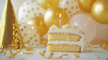 Birthday celebration with cake, candles, and festive decorations in a bright setting photo