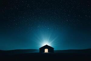 Stars illuminate a quiet hut under a vast night sky in a tranquil landscape photo