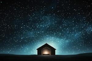 Stars illuminate a quiet hut under a vast night sky in a tranquil landscape photo