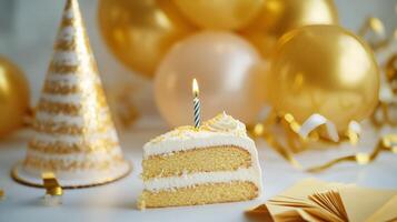 Birthday celebration with cake, candles, and festive decorations in a bright setting photo