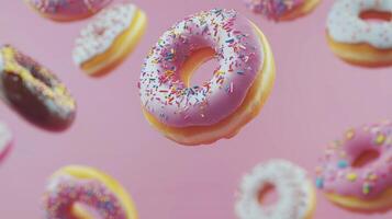 Colorful donuts floating against a pink background create a joyful and vibrant atmosphere photo