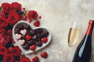 Romantic setting featuring red roses, champagne, and heart shaped chocolates for special occasions photo