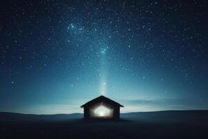 Stars illuminate a quiet hut under a vast night sky in a tranquil landscape photo