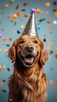 Golden retriever with a party hat celebrating with colorful confetti in the background photo