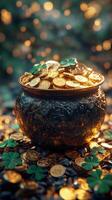 Golden coins and green clovers create a festive atmosphere for a celebration photo