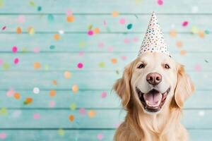 Happy dog in colorful party hat celebrating with confetti in a cheerful setting photo