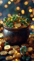 Golden coins and green clovers create a festive atmosphere for a celebration photo