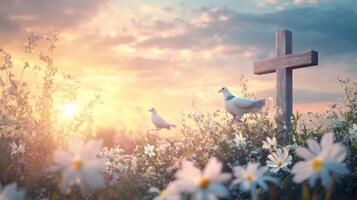 Sunlight filters through blossoms as doves fly near a wooden cross in a serene setting photo