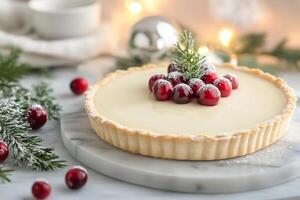 Cranberry tart garnished with fresh herbs during festive season photo