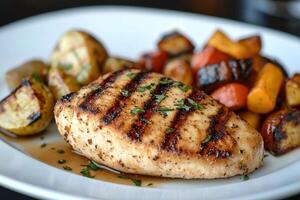 Grilled chicken breast served with colorful roasted vegetables on a white plate photo