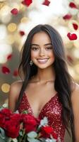 Smiling woman in a sparkling dress holding roses surrounded by rose petals photo