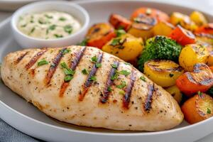 Grilled chicken breast served with colorful roasted vegetables on a white plate photo