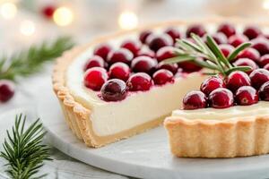 Festive cranberry tart with creamy filling and fresh rosemary decoration ready to serve photo