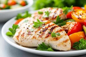Grilled chicken breast served with colorful roasted vegetables on a white plate photo