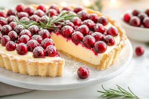 Festive cranberry tart with creamy filling and fresh rosemary decoration ready to serve photo